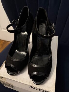 ALDO Black Peep-Toe Mary Jane Heels with Ankle Strap